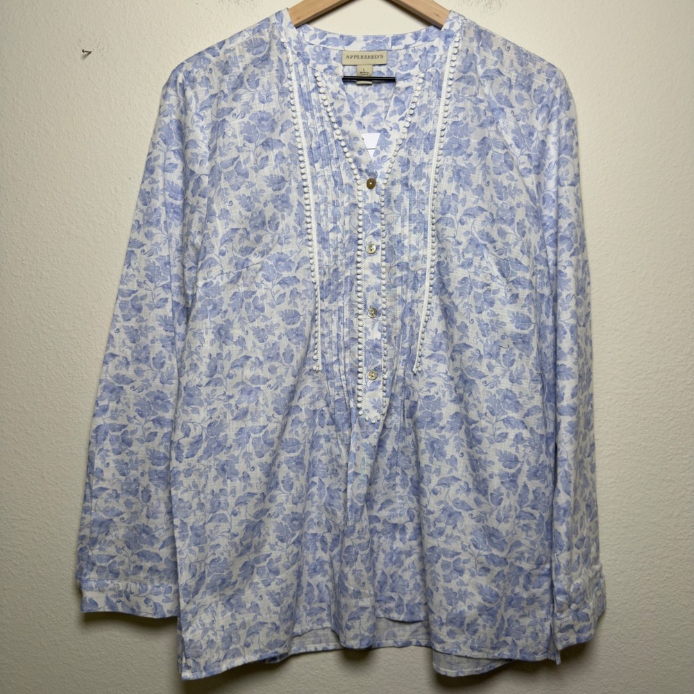 NEW Appleseed's Women 100% Cotton Boho Top‎ Large Blue Floral Cottage  Pintuck